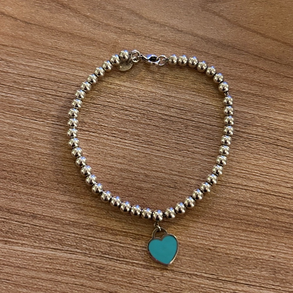 Tiffany Blue Heart Tag Bead Bracelet in silver
